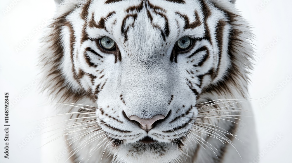 Naklejka premium Majestic White Tiger Portrait Captured Against a Minimalist Background, Highlighting Its Striking Blue Eyes and Unique Fur Patterns