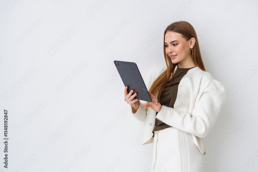 Portrait of a smiling beautiful woman holding tablet isolated on a white background. Portrait of a smiling beautiful woman holding tablet isolated on a white background.