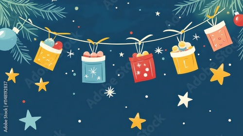 Playful Cartoon Advent Calendar Illustration Featuring Colorful Gift Boxes and Stars on a Festive Background for Holiday Decoration and Seasonal Themes