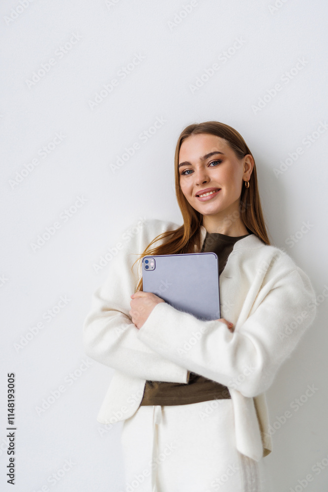 Portrait of cheerful woman hold tablet toothy smile empty space isolated on white background