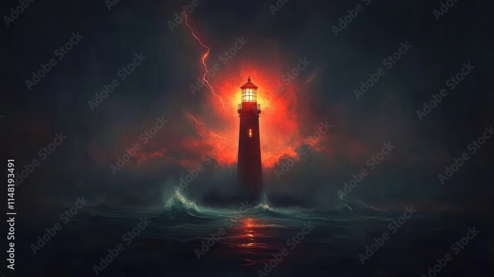 Lighthouse glowing during a stormy night. Lighthouse glowing during a stormy night.