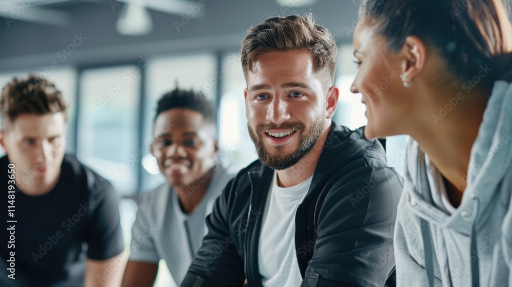 A group of four young adults smiling and engaging in conversation, showcasing camaraderie and positivity in a modern indoor setting. A group of four young adults smiling and engaging in conversation, showcasing camaraderie and positivity in a modern indoor setting.