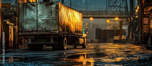 Rusty semi-truck parked in a dimly lit industrial area at night, reflecting in puddles. photo