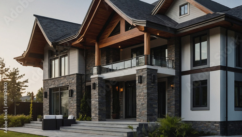 Wallpaper Mural Two-story house with stone and wood exterior. Large windows, covered porch, and landscaping visible.  Evening light casts shadows. Torontodigital.ca