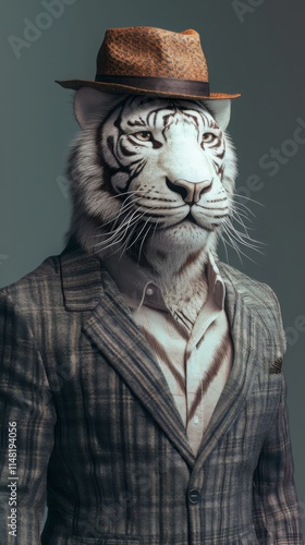 A tiger in a plaid suit and fedora, blending elegance with animalistic strength, symbolizing a fusion of power and style in a whimsical portrait. photo