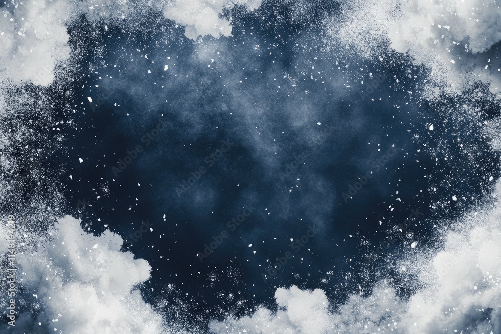 Abstract white powder snow cloud border on dark background. Design of picture frame Abstract white powder snow cloud border on dark background. Design of picture frame