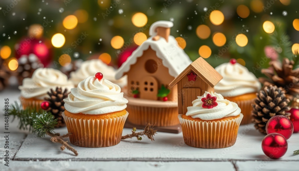 Festive cupcakes with creamy frosting and a gingerbread house, set against a holiday backdrop. Festive cupcakes with creamy frosting and a gingerbread house, set against a holiday backdrop.