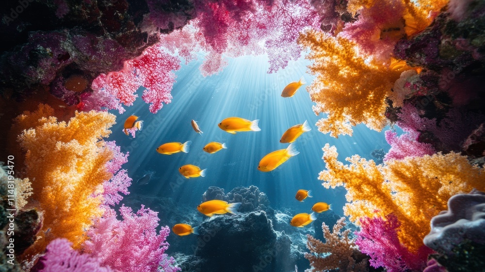Vibrant coral reef scene with yellow fish swimming in sunlit water. Vibrant coral reef scene with yellow fish swimming in sunlit water.