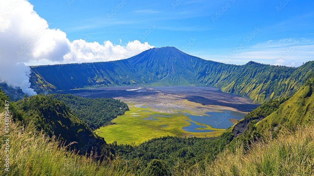 Panoramic view of a volcanic crater lake, surrounded by lush green vegetation and a majestic volcano under a vibrant blue sky with fluffy clouds. Panoramic view of a volcanic crater lake, surrounded by lush green vegetation and a majestic volcano under a vibrant blue sky with fluffy clouds.