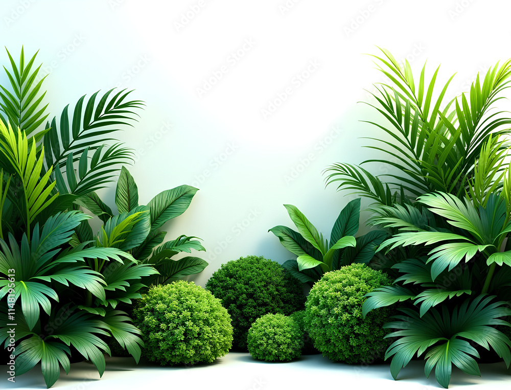 Ultra High quality and detailed Ultra realistic image Lush green tropical plants bush, cut out on white background Ultra High quality and detailed Ultra realistic image Lush green tropical plants bush, cut out on white background