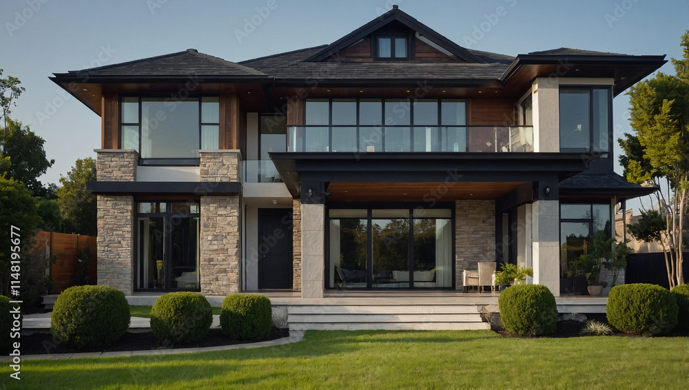 Contemporary two-story house with stone and wood accents. Large windows, covered patio, and landscaped lawn. Features a modern architectural style. Contemporary two-story house with stone and wood accents. Large windows, covered patio, and landscaped lawn. Features a modern architectural style.