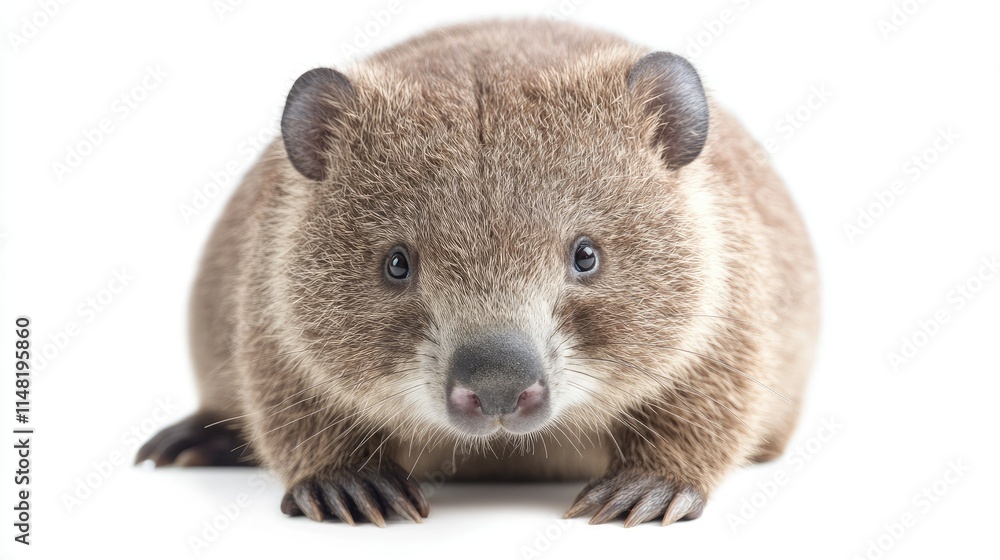 Fototapeta premium Close-Up of a Cute and Adorable Wombat with Soft Fur and Bright Eyes Posed Against a White Background, Showcasing Its Unique Features and Expressions