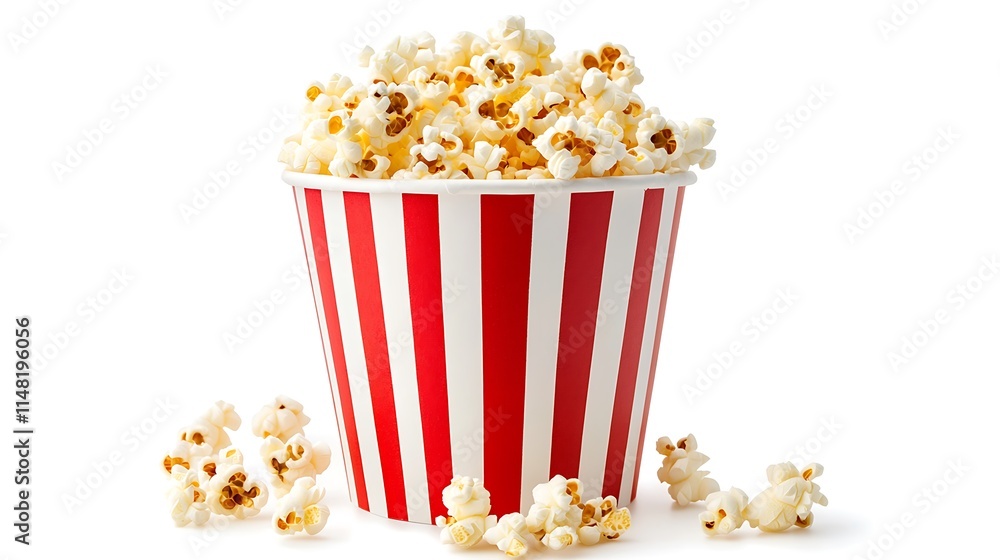 A close-up of a red and white striped paper bucket filled to the brim with popcorn. Several pieces are scattered near the base. A close-up of a red and white striped paper bucket filled to the brim with popcorn. Several pieces are scattered near the base.