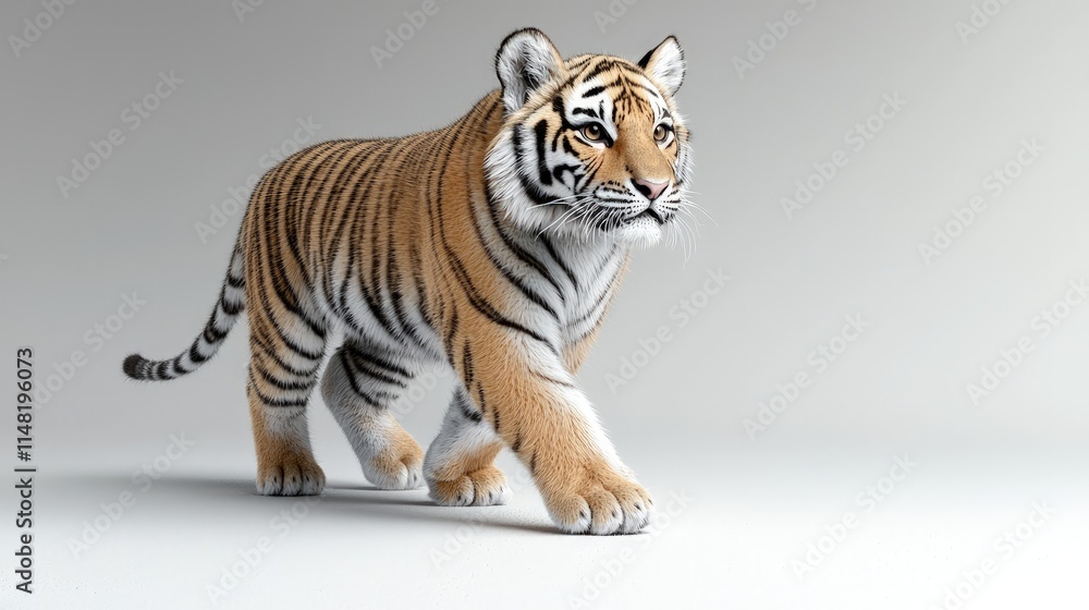 Obraz premium A young Bengal tiger walking forward in a studio setting with a clean grey background.