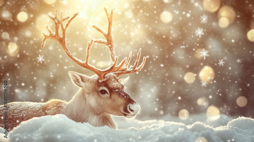 Majestic Reindeer Resting in a Snowy Landscape Amidst Soft Snowflakes and Glowing Light, Capturing the Essence of Winter Serenity and Wildlife Beauty