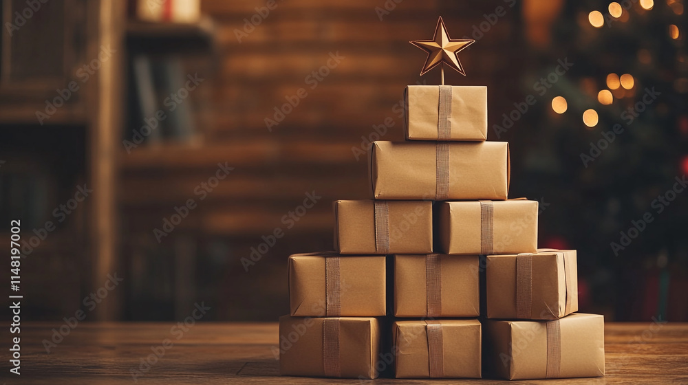 A stack of cardboard boxes creatively shaped into a Christmas tree, adorned with a star on top, with wrapped Christmas presents placed around the base for a fun and whimsical holiday display. A stack of cardboard boxes creatively shaped into a Christmas tree, adorned with a star on top, with wrapped Christmas presents placed around the base for a fun and whimsical holiday display.