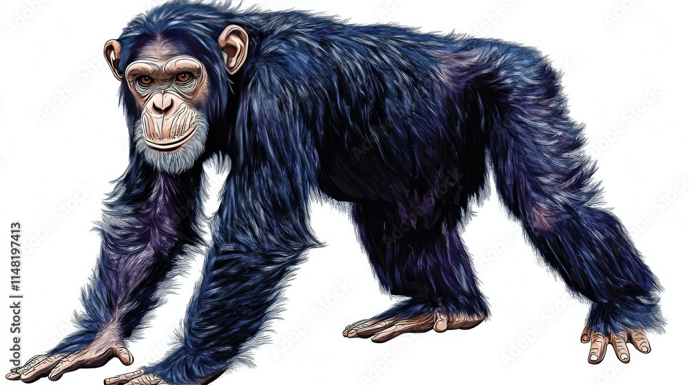 Fototapeta premium Realistic Illustration of a Black-Furred Chimpanzee Walking on All Fours Against a White Background, Capturing the Grace and Intelligence of This Primate Species