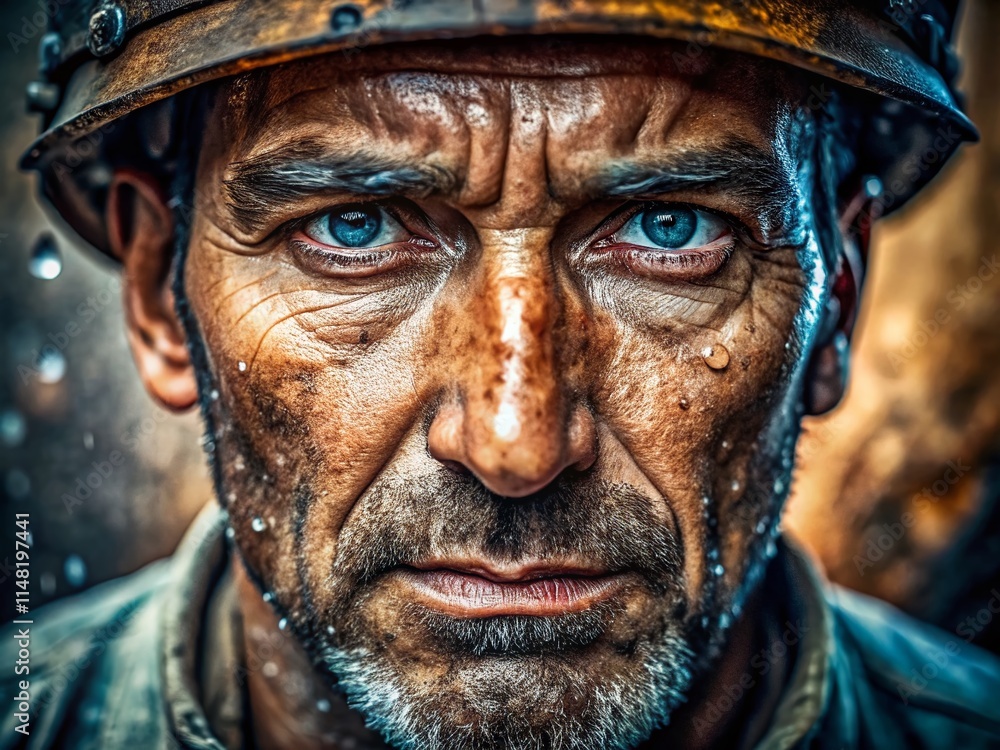 Macro Photography: Miner's Resilience, Rain-Streaked Face, Determination, Grit, Harsh Environment, Close-Up Macro Photography: Miner's Resilience, Rain-Streaked Face, Determination, Grit, Harsh Environment, Close-Up
