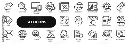 Set of vector line icons related to seo and digital marketing, web page search optimization. Symbols for website or app ui, logo design, illustration