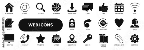 Set of vector solid icons related to web and internet, social media, communication and contact. Symbols for website or app ui, logo design, illustration