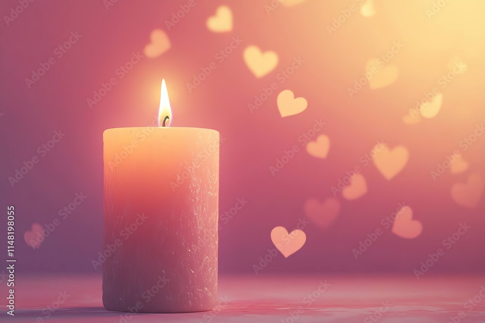 single glowing candle with a soft flickering flame, isolated on a pink background, warm and elegant lighting, photorealistic image, cozy and romantic atmosphere, bokeh background with hearts single glowing candle with a soft flickering flame, isolated on a pink background, warm and elegant lighting, photorealistic image, cozy and romantic atmosphere, bokeh background with hearts