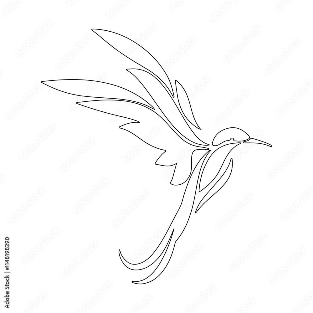 Fototapeta premium Stylize Humming Bird Line Drawing Illustration.Humming Bird With Stylize Feather Lineart Handrawing
