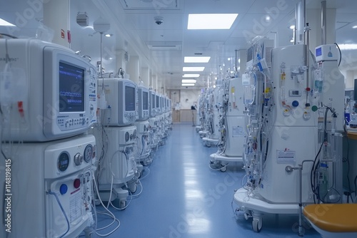 A medical facility with multiple dialysis machines arranged in a clinical setting.