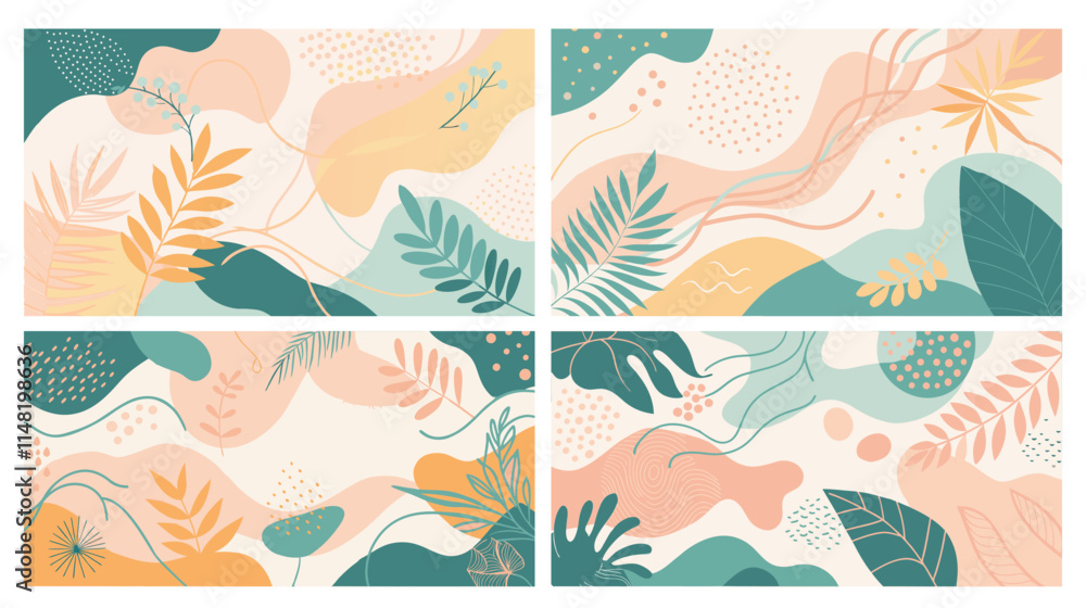 Naklejka premium Six modern, artistic backgrounds with organic shapes, leaves, dots, and pastel colors for versatile creative projects