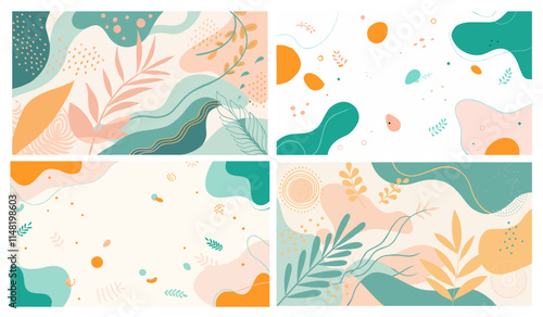 Six modern, artistic backgrounds with organic shapes, leaves, dots, and pastel colors for versatile creative projects