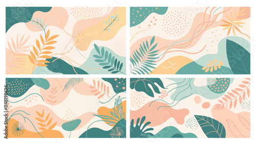 Six modern, artistic backgrounds with organic shapes, leaves, dots, and pastel colors for versatile creative projects