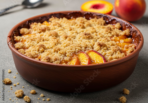 Close-Up of Peach Crumble Breakfast Dessert photo