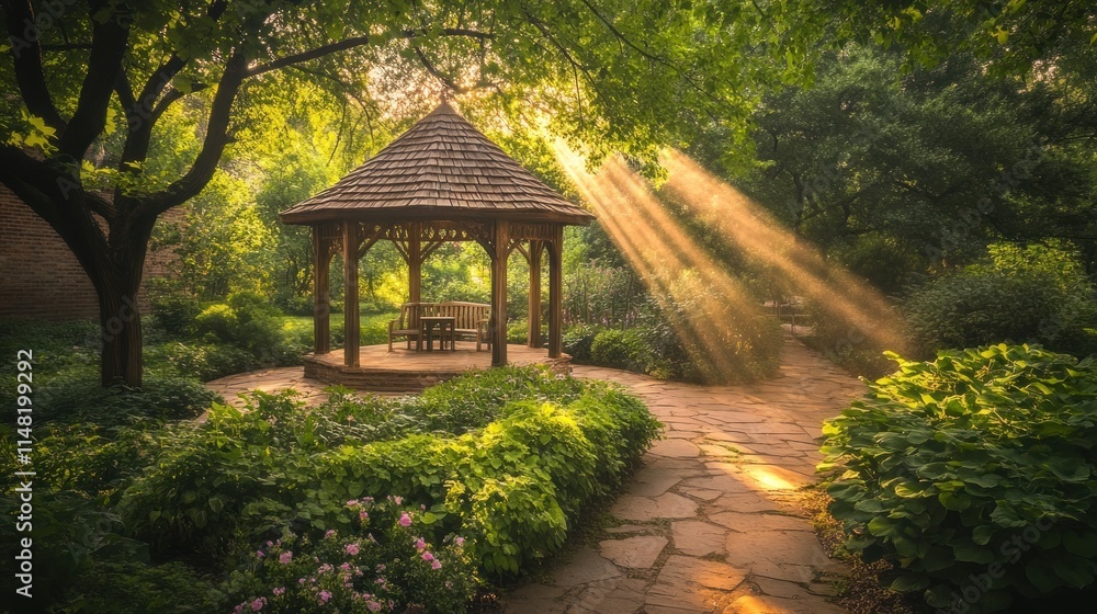 Sunbeams illuminate a wooden gazebo in a lush garden with a stone path.