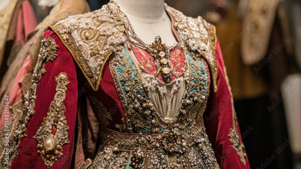 Naklejka premium Ornate red and gold theatrical costume detail on a mannequin.
