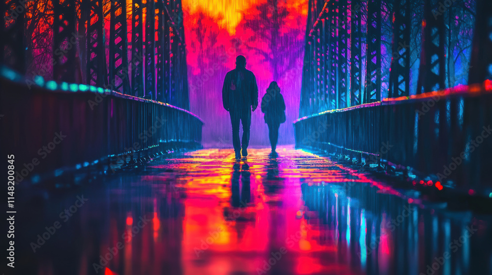 Naklejka premium Couple walking on colorful bridge at night in rain, vibrant reflections