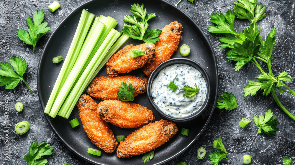 Crispy chicken wings served with celery sticks and ranch dip on black plate Crispy chicken wings served with celery sticks and ranch dip on black plate