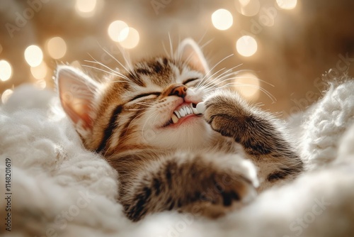 Cat Table Home - A gray tabby cat sits on a table in a home, staring intently at the camera.. Beautiful simple AI generated image