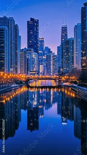 City Skyline at Dusk Reflections on Waters vertical video