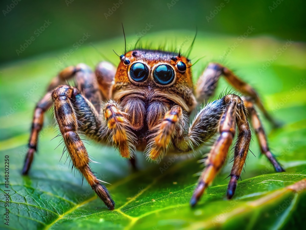 Fototapeta premium Macro Photography Spider Leaf, High Depth of Field, Insect Closeup, Nature Photography, Wildlife Photography, Spider on Green Leaf, Detailed Arachnid, Nature Background