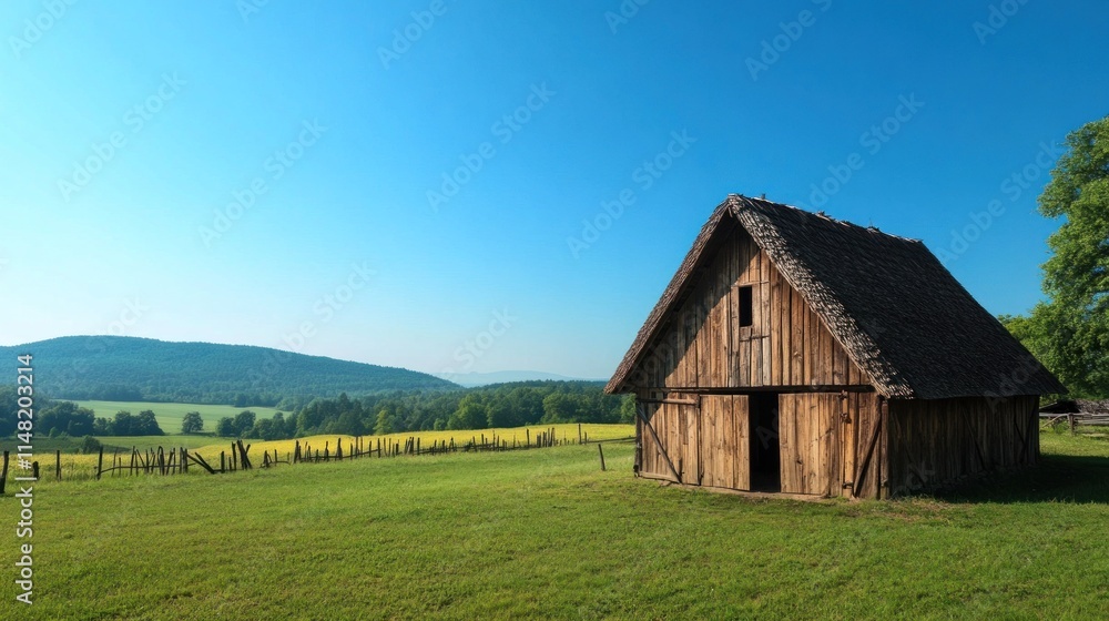 Rustic wooden barn in a scenic green field, under a clear blue sky, with distant rolling hills. Rustic wooden barn in a scenic green field, under a clear blue sky, with distant rolling hills.