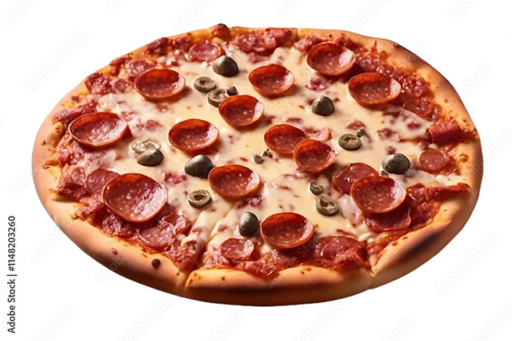 Classic pepperoni pizza with cheese and toppings png on transparent background Classic pepperoni pizza with cheese and toppings png on transparent background