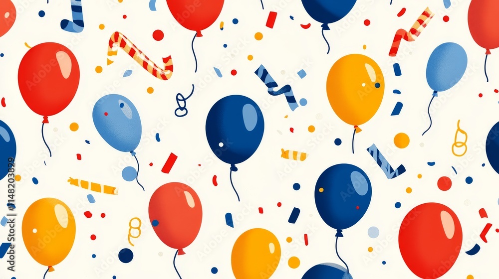 Festive Party Celebration Seamless Pattern with Balloons, Confetti, and Horns in Bold Colors Festive Party Celebration Seamless Pattern with Balloons, Confetti, and Horns in Bold Colors