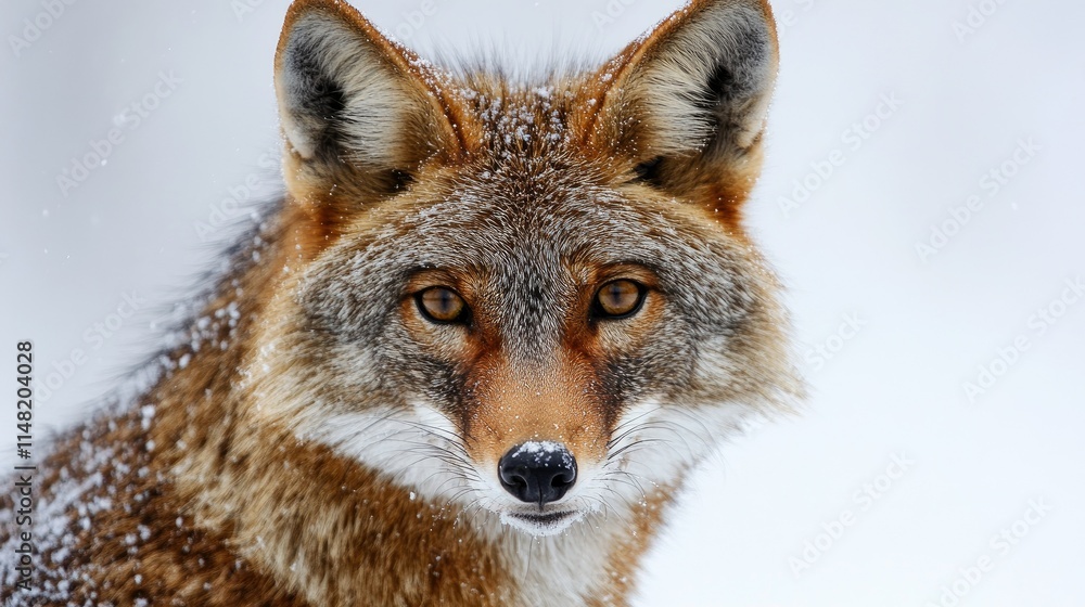 Close-Up Portrait of a Majestic Fox in Winter with Snowflakes Glistening on Its Fur, Showcasing Nature's Beauty and the Animal's Intense Gaze Close-Up Portrait of a Majestic Fox in Winter with Snowflakes Glistening on Its Fur, Showcasing Nature's Beauty and the Animal's Intense Gaze