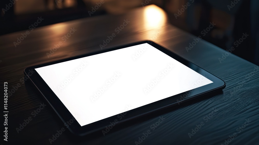 Tablet on Dark Wood Table, Blank Screen, Night Tablet on Dark Wood Table, Blank Screen, Night