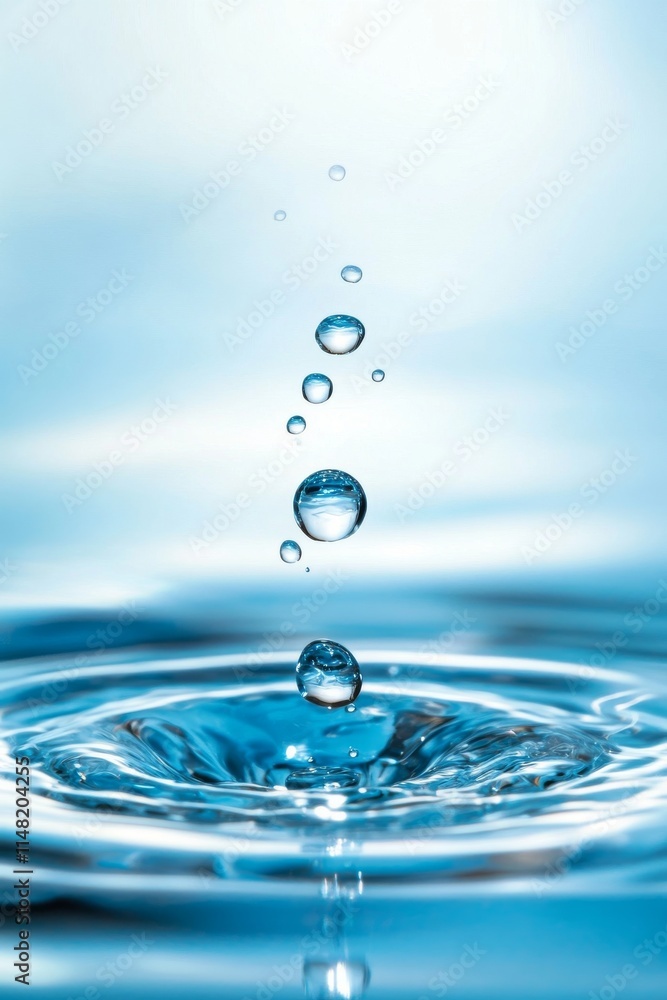 Close-up of water droplets creating ripples in a serene pool, captured against a soft blue backdrop. Close-up of water droplets creating ripples in a serene pool, captured against a soft blue backdrop.