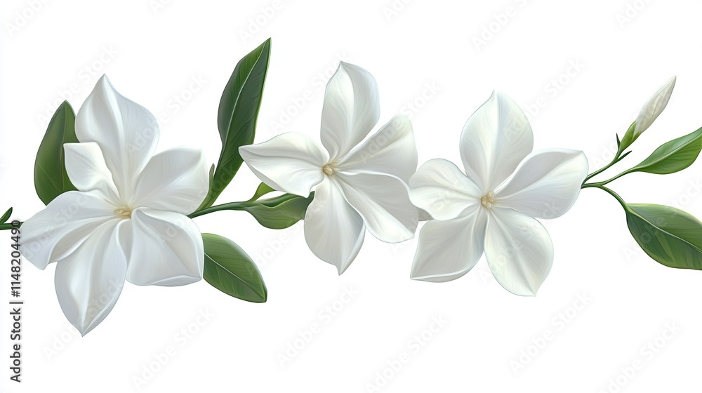 Beautiful delicate white flowers with green leaves arranged in a fluid composition, perfect for backgrounds, invitations, or seasonal decorations conveying elegance and purity Beautiful delicate white flowers with green leaves arranged in a fluid composition, perfect for backgrounds, invitations, or seasonal decorations conveying elegance and purity