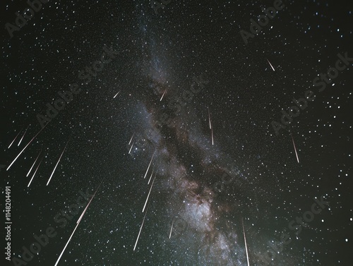 Meteor shower streaks across night sky, Milky Way galaxy visible. photo