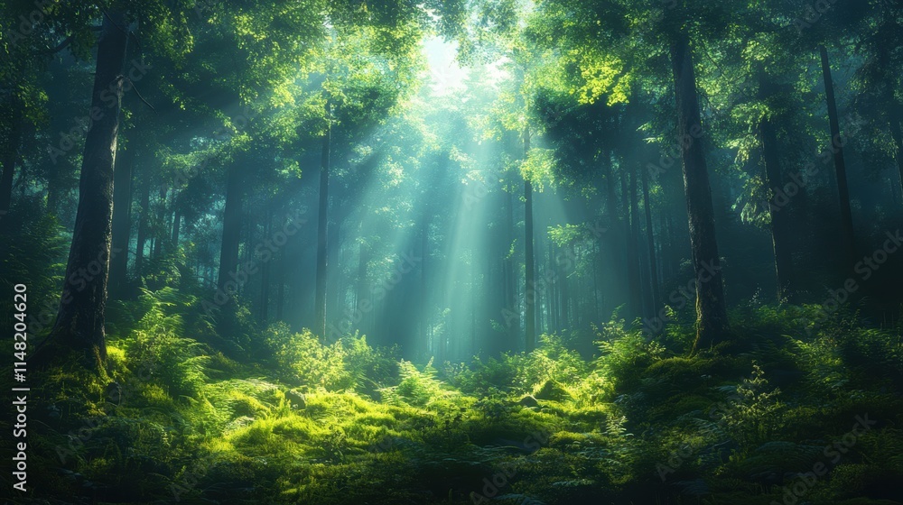 Peaceful forest scene with tall trees and vibrant green foliage, where golden sunlight filters through the canopy, illuminating the lush ground and creating a serene natural ambiance. Peaceful forest scene with tall trees and vibrant green foliage, where golden sunlight filters through the canopy, illuminating the lush ground and creating a serene natural ambiance.