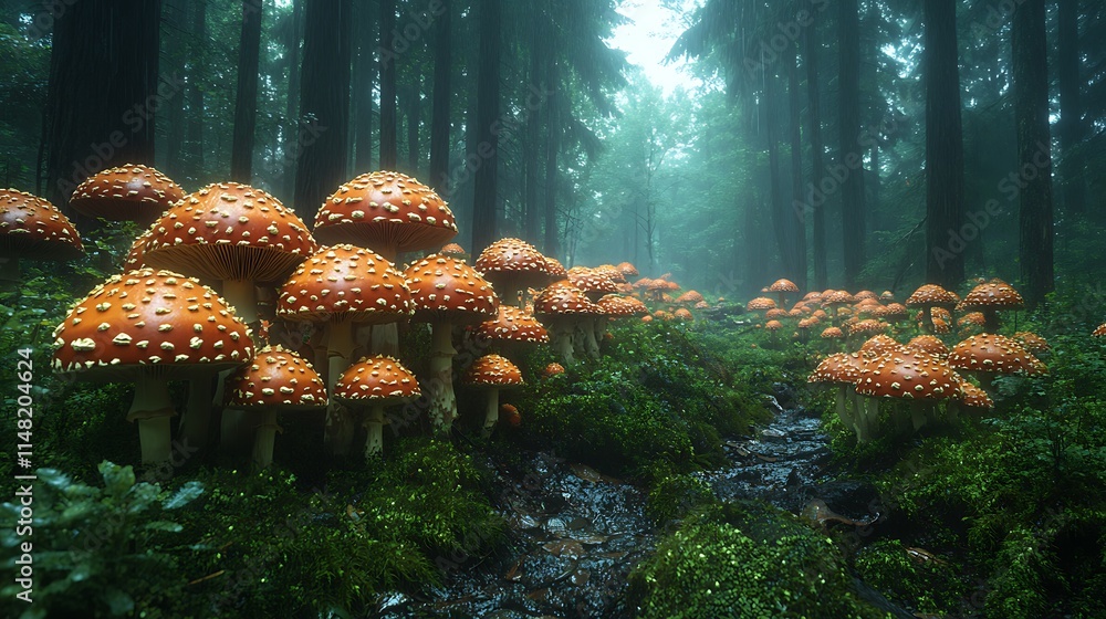 Fototapeta premium A Mystical Forest Path With Many Mushrooms