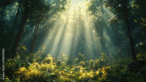 Peaceful forest scene with tall trees and vibrant green foliage, where golden sunlight filters through the canopy, illuminating the lush ground and creating a serene natural ambiance.
