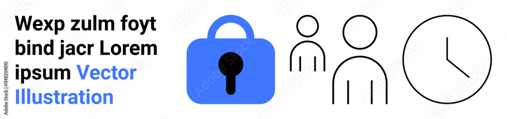 Blue padlock, line icons of two people, and a clock symbolizing security, team collaboration, and time management. Ideal for business, security solutions, team management, productivity tools, access Blue padlock, line icons of two people, and a clock symbolizing security, team collaboration, and time management. Ideal for business, security solutions, team management, productivity tools, access